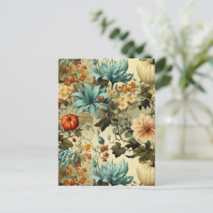 Carte Postale Campagne Teal Floral Vintage Citrouille
