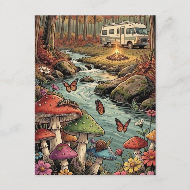 Carte Postale Camper Rétro, Champignons, Ruisseau et Fleurs (Devant)