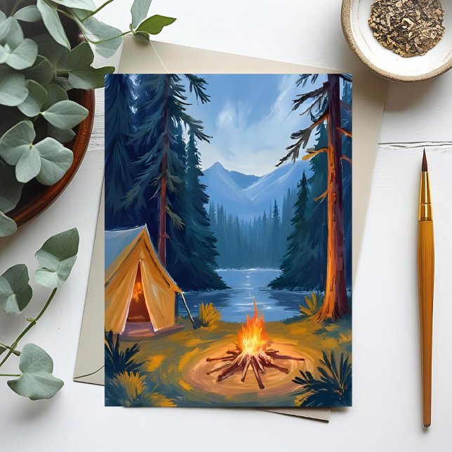 Carte Postale Camping Forêt Tente de feu de camp Aquarelle (Créateur téléchargé)