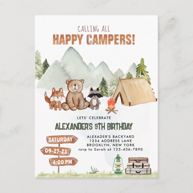 Carte Postale Camping heureux de Modern Woodland Enfants Fête d' (Devant)