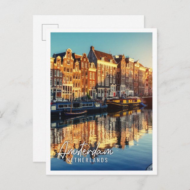 Carte Postale Canal au coucher du soleil Amsterdam Pays-Bas (Devant / Derrière)