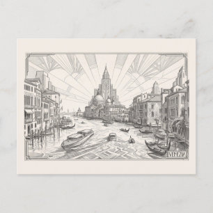 Carte Postale Canal Grande de Venise Croquis au Crayon Art Déco