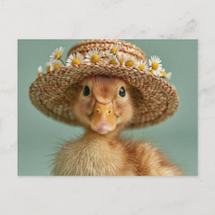Carte Postale Canard bébé adorable portant un chapeau de paille