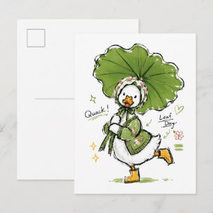 Carte Postale Canard mignon avec parapluie en feuille et bonnet
