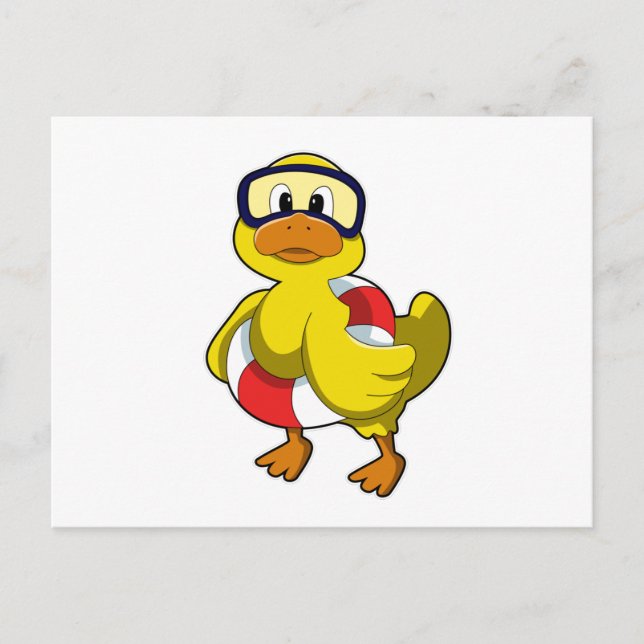 Carte Postale Canard nageant avec bouée et lunettes de plongée (Devant)