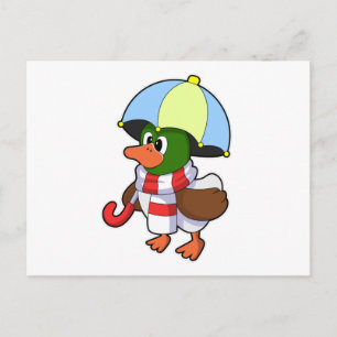Carte Postale Canard sous la pluie avec parapluie