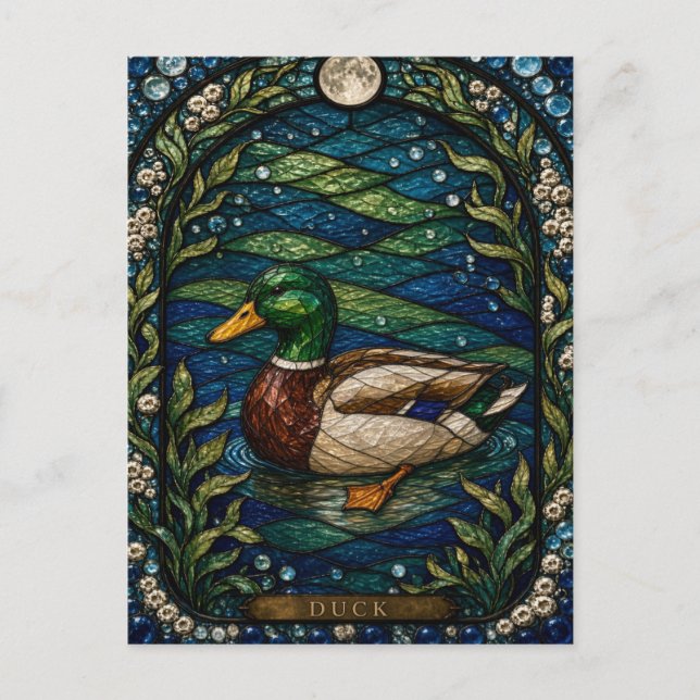 Carte Postale Canard, vitrail de lys des marais (Devant)