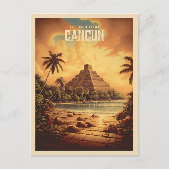 Carte Postale Cancun vintage Mexique Ruines Maya Voyage plage (Devant)