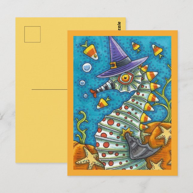CARTE POSTALE CANDY CORN SEAHORSE, SOUS LA MER HALLOWEEN FISH (Devant / Derrière)