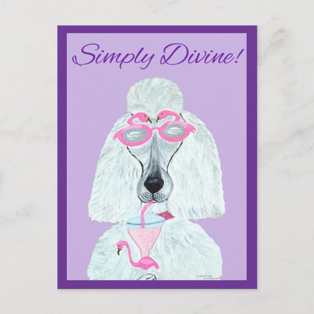 Carte Postale Caniche avec un verre au flamant rose (Devant)