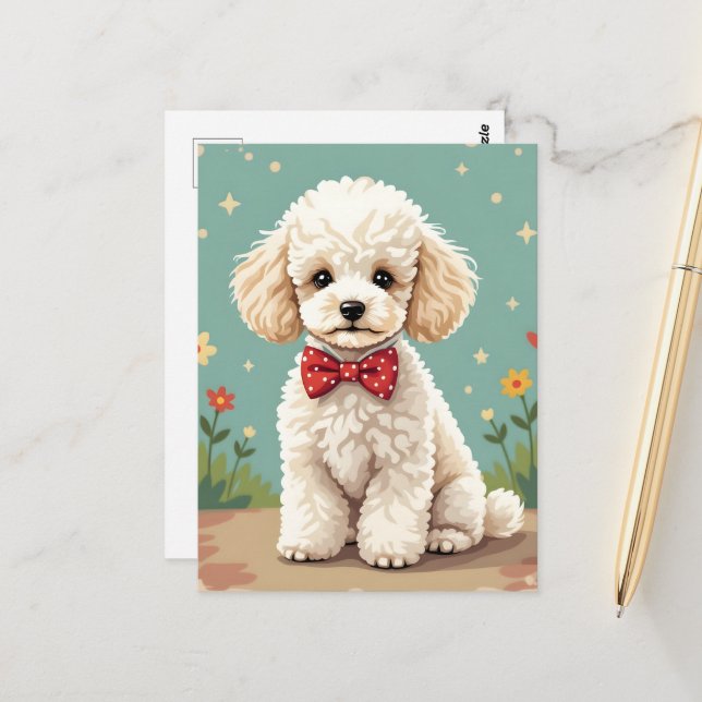 Carte Postale Caniche blanc adorable avec noeud papillon (Devant/Arrière en situation)