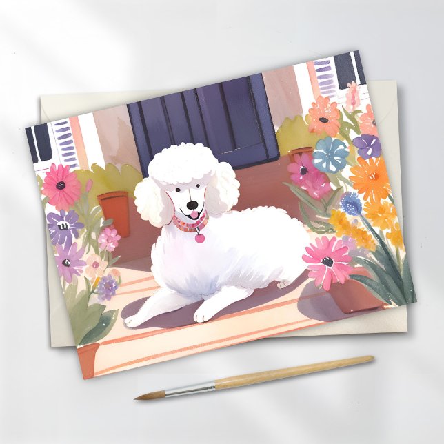 Carte Postale Caniche Blanc | Fleurs Aquarelle Chien Animal (Créateur téléchargé)