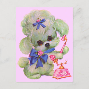 Carte Postale caniche mignon avec téléphone rose