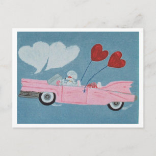 Carte Postale Caniches dans une décapotable rose