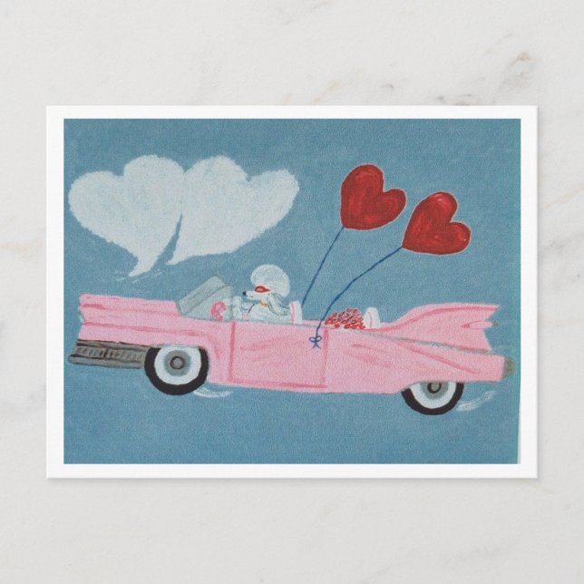 Carte Postale Caniches dans une décapotable rose (Devant)