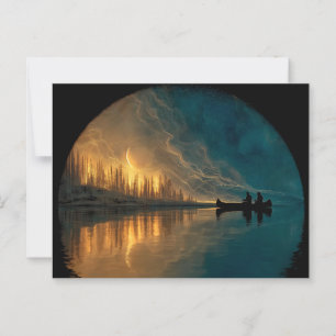 Carte Postale Canoë et lune de croissant sur un lac