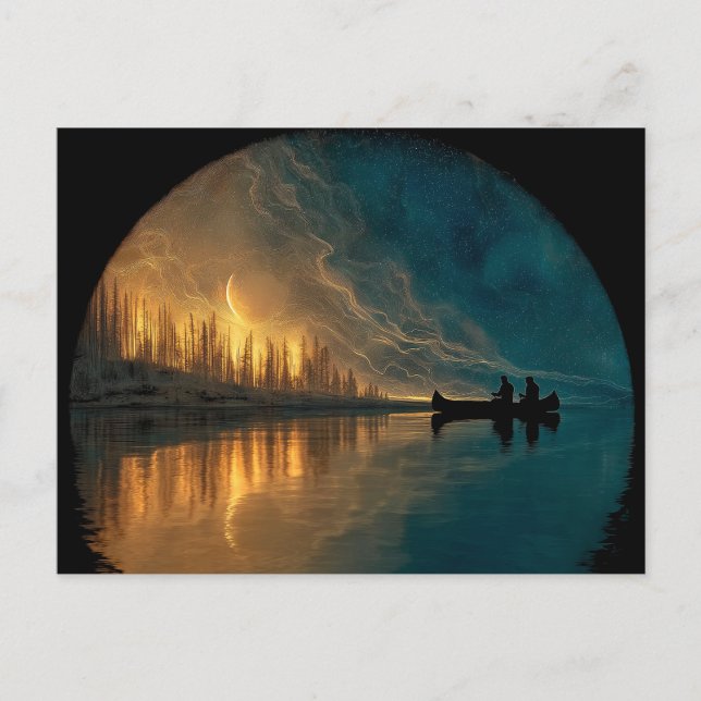 Carte Postale Canoë et lune de croissant sur un lac (Devant)