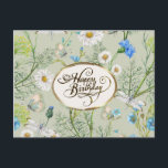 Carte Postale Cantique d'anniversaire du Cantique de Salomon 2:1<br><div class="desc">Une carte de vœux d'anniversaire inspirante avec un Écriture sainte représente un beau jardin botanique à l'aquarelle avec des fleurs sauvages blanches et bleues, des herbes et des libellules sur un fond vert. Au verso, le verset biblique du Cantique de Salomon 2:1, "Les fleurs apparaissent sur la terre ; la...</div>