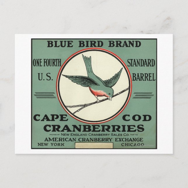 Carte Postale Cape Cod Blue Bird Brand Cranberry Étiquette (Devant)