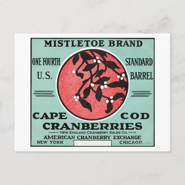 Carte Postale Cape Cod Mistletoe Marque Cranberry Étiquette (Devant)