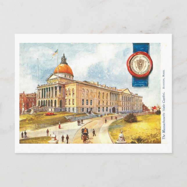 Carte Postale Capitole du Massachusetts vintage avec phoque (Devant)