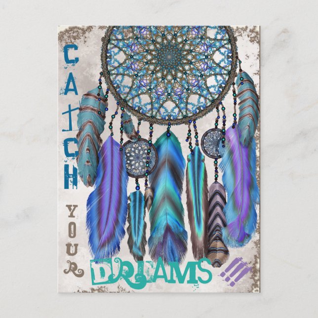 Carte Postale Capteur de rêve avec plumes turquoise d'oiseau mag (Devant)