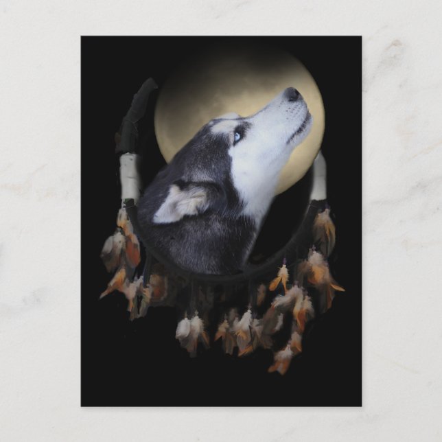 Carte Postale Capteur de rêve et Husky aux yeux bleus (Devant)