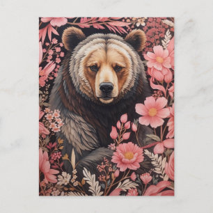 Carte Postale Captivant Brown Ours Gaze Fleurs roses