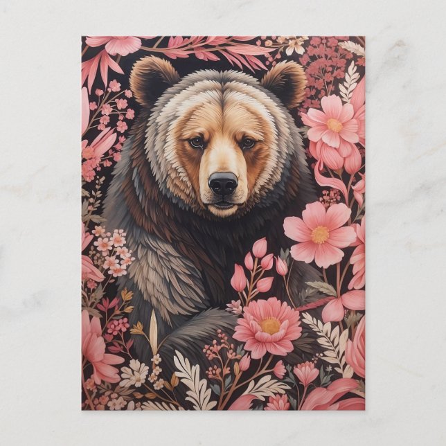 Carte Postale Captivant Brown Ours Gaze Fleurs roses (Devant)