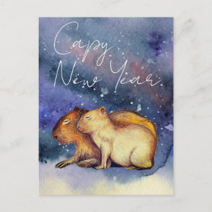 Carte Postale Capy Nouvel An Aquarelle Cute Capybara Baby & Mama