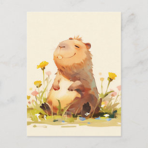 Carte Postale Capybara Assis dans un Jardin de Fleurs Sauvages J