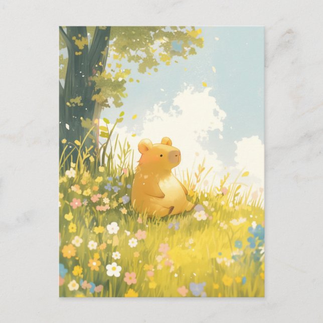 Carte Postale Capybara assis dans une prairie de fleurs sauvages (Devant)