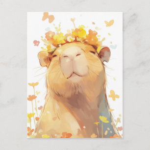 Carte Postale Capybara avec couronne de fleurs jaunes et papillo