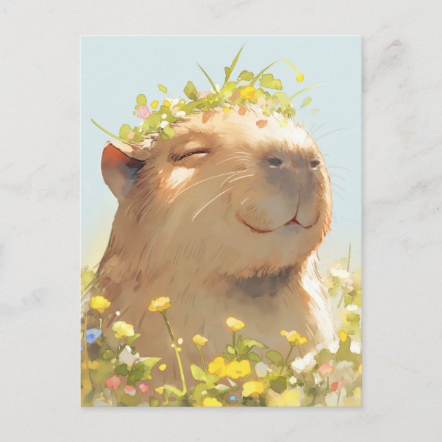 Carte Postale Capybara avec couronne de fleurs sauvages vertes d (Devant)