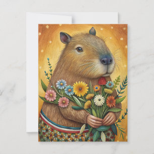 Carte Postale Capybara avec fleurs art folklorique