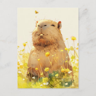 Carte Postale Capybara avec Papillon dans une Prairie de Fleurs
