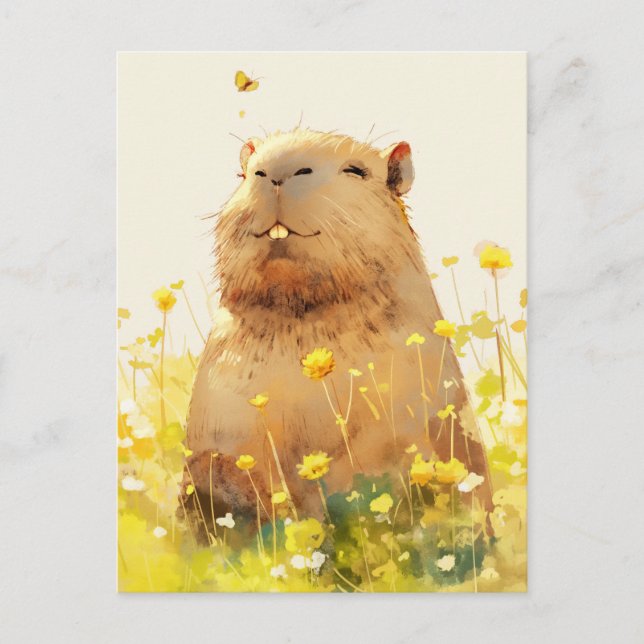 Carte Postale Capybara avec Papillon dans une Prairie de Fleurs  (Devant)