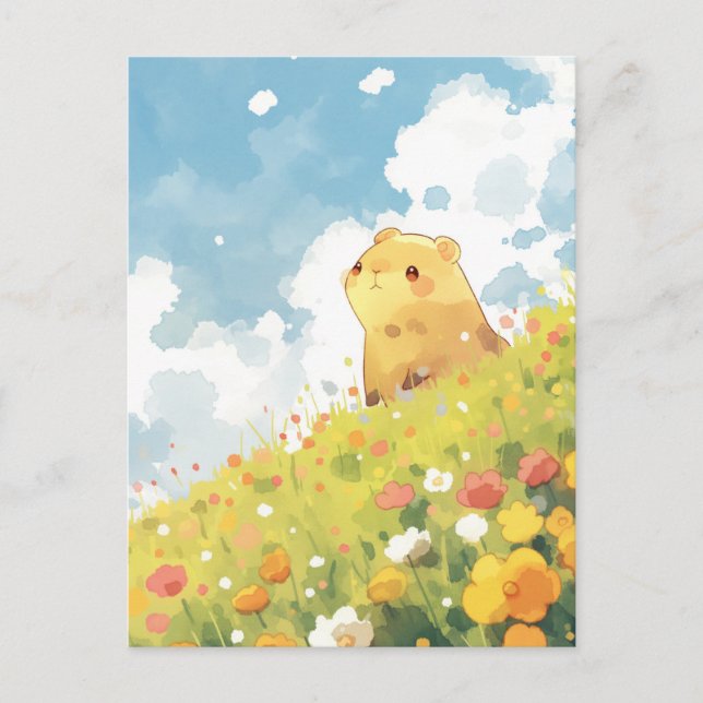 Carte Postale Capybara dans un pré ensoleillé de collines aux fl (Devant)