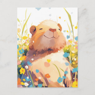 Carte Postale Capybara dans une prairie colorée de fleurs sauvag