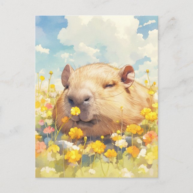 Carte Postale Capybara dans une prairie ensoleillée de fleurs sa (Devant)