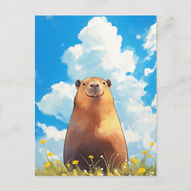 Carte Postale Capybara dans une prairie ensoleillée de fleurs sa (Devant)