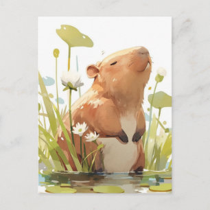 Carte Postale Capybara debout dans un étang avec un nénuphar bla