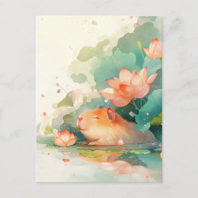 Carte Postale Capybara faisant la sieste dans un étang de fleurs (Devant)