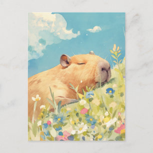 Carte Postale Capybara faisant la sieste dans une prairie coloré