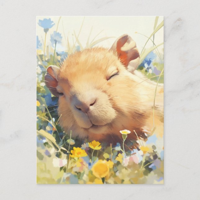 Carte Postale Capybara faisant la sieste dans une prairie de fle (Devant)