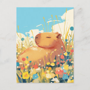 Carte Postale Capybara faisant la sieste dans une prairie de fle