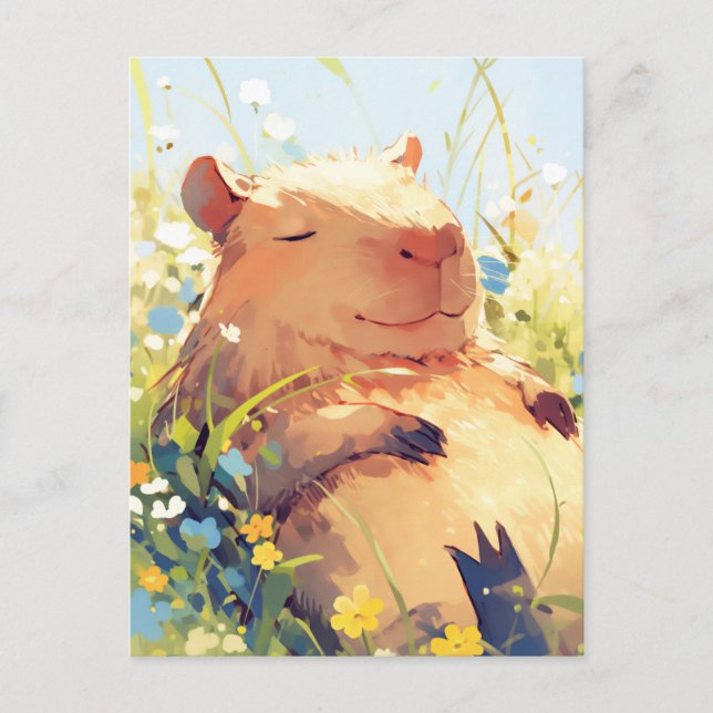 Carte Postale Capybara faisant la sieste dans une prairie ensole (Devant)