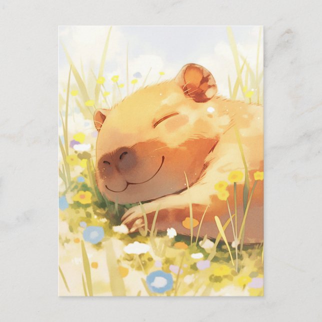 Carte Postale Capybara faisant la sieste dans une prairie ensole (Devant)