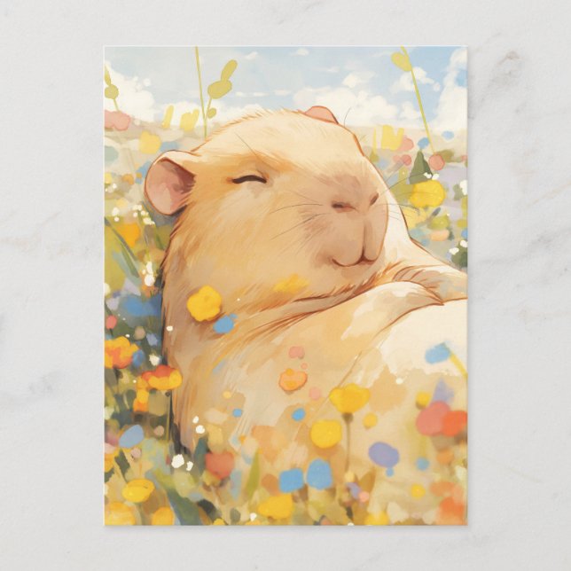 Carte Postale Capybara faisant la sieste dans une prairie ensole (Devant)