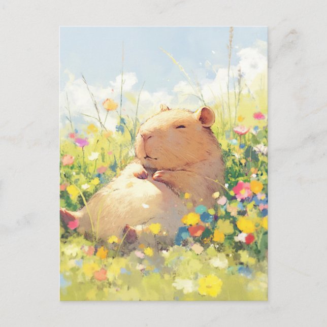 Carte Postale Capybara faisant la sieste dans une prairie estiva (Devant)